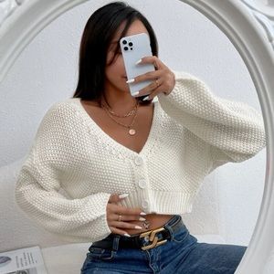 SHEIN Waffle Knit Button Front Crop Cardigan